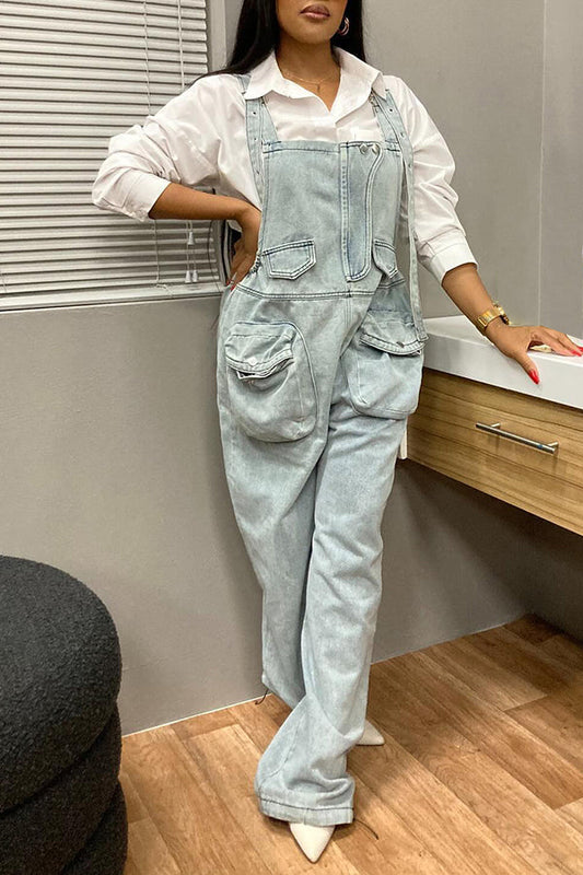 Casual Flap Pocket Adjustable Straps Denim Overalls