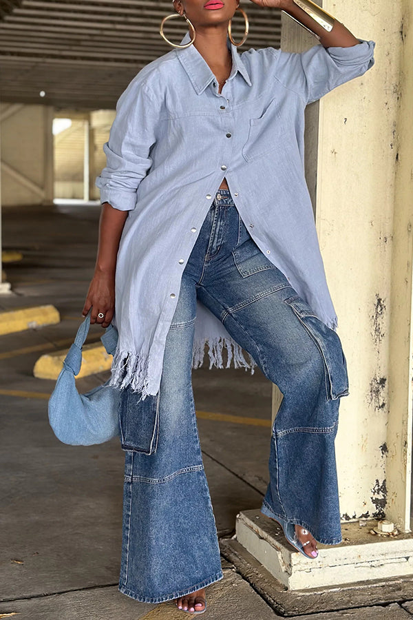 Casual Long Fringe Hem Denim Jacket