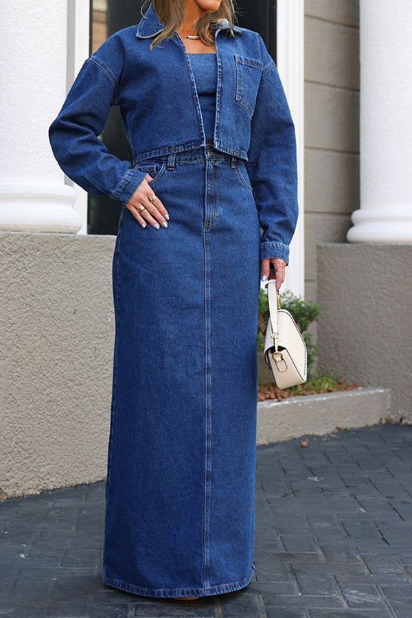 Casual Pocket Denim Jacket & High Waist Skirt Set