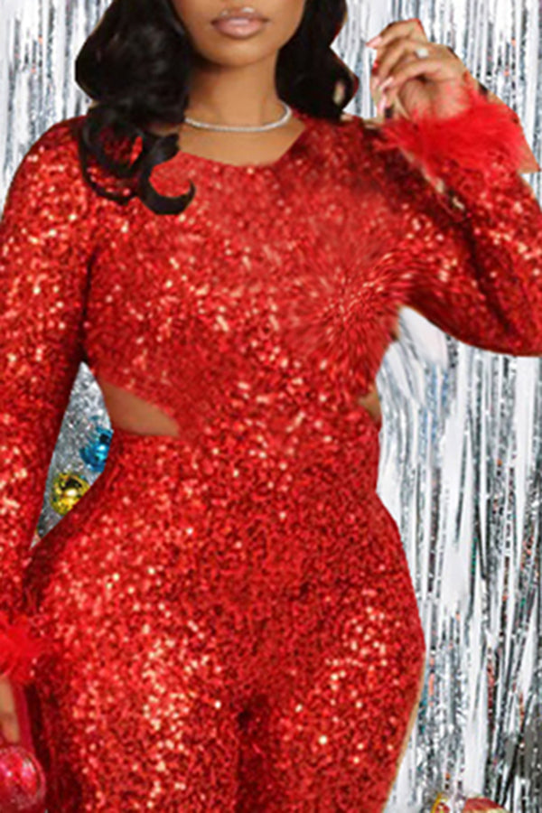 Christmas Sequined Feather-sleeved Jumpsuit