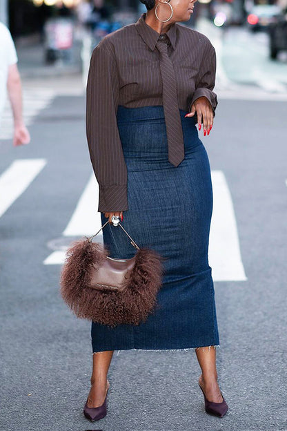 Stylish Striped Tie Blazer & Denim Skirt Set