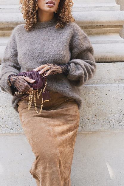 Elegant Mohair Sweater & Suede Skirt Set