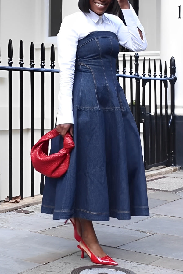 Elegant Long Sleeve Shirt & Denim Bustier Set