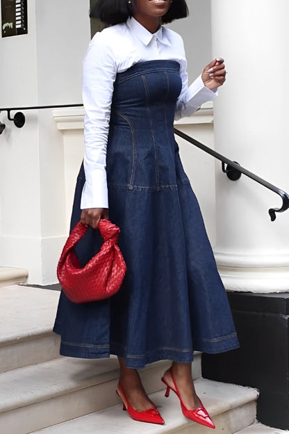 Elegant Long Sleeve Shirt & Denim Bustier Set