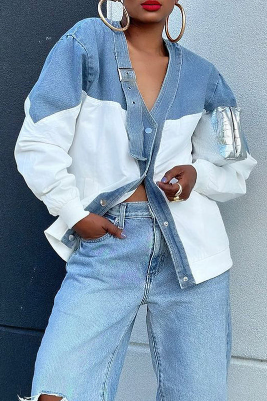 Stylish Denim Paneled Long Sleeve Jacket