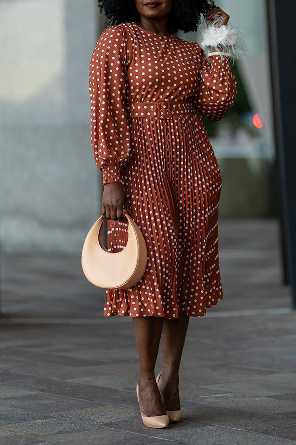 Polka Dot rund krage Belted Bell Sleeve Dress