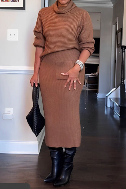 Stylish High Neck Long Sleeve Top & Skirt Set