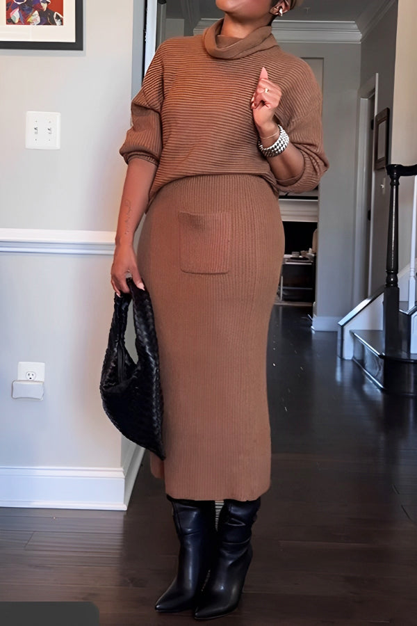 Stylish High Neck Long Sleeve Top & Skirt Set