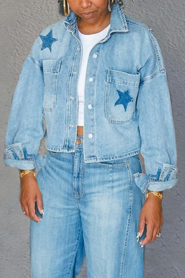 Retro Washed Star Patch Cropped Denim Jacket