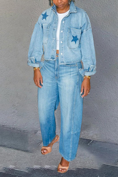 Retro Washed Star Patch Cropped Denim Jacket