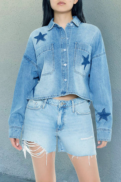 Retro Washed Star Patch Cropped Denim Jacket