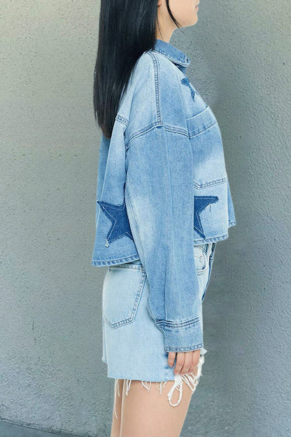 Retro Washed Star Patch Cropped Denim Jacket