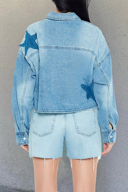 Retro Washed Star Patch Cropped Denim Jacket