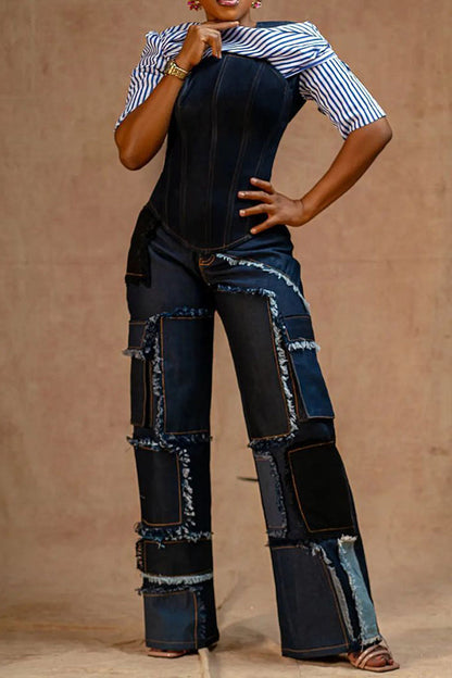 Stylish Patchwork Frayed Edge Straight Leg Jeans