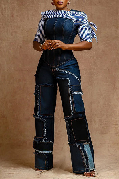 Stylish Patchwork Frayed Edge Straight Leg Jeans