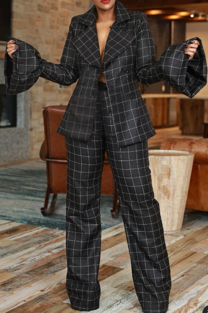 Flared Sleeve Plaid Blazer & Pants Set