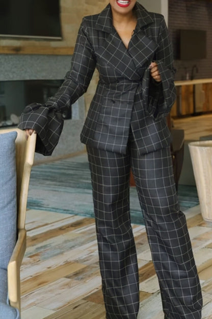 Flared Sleeve Plaid Blazer & Pants Set