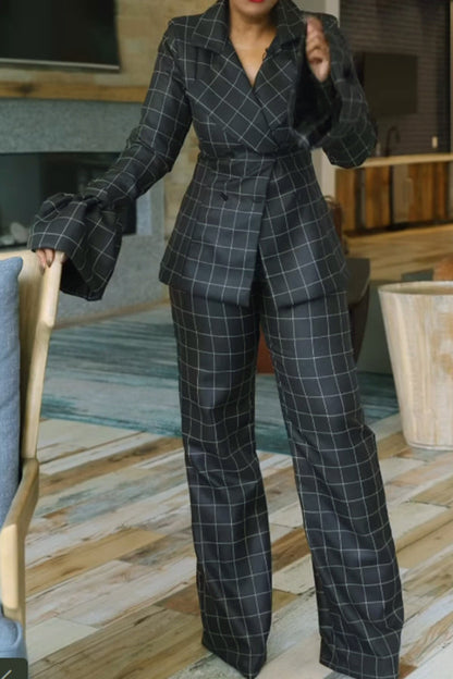 Flared Sleeve Plaid Blazer & Pants Set