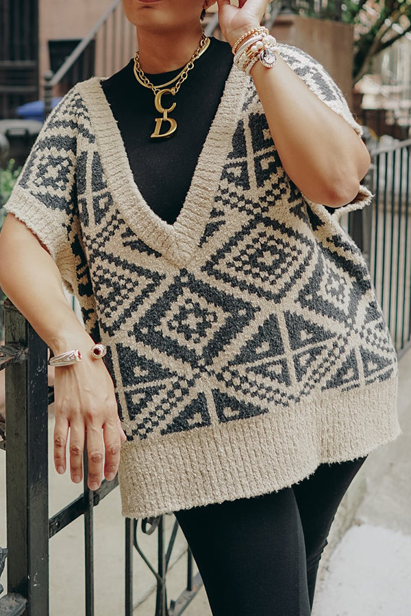 Casual Ethnic Pattern V-neck Loose Woolen Vest