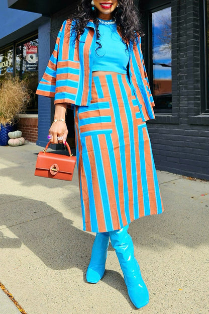 Retro Color Block Printed Blouse & Skirt Set