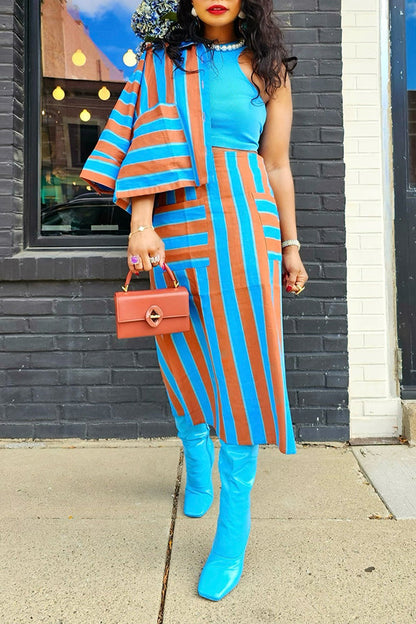 Retro Color Block Printed Blouse & Skirt Set