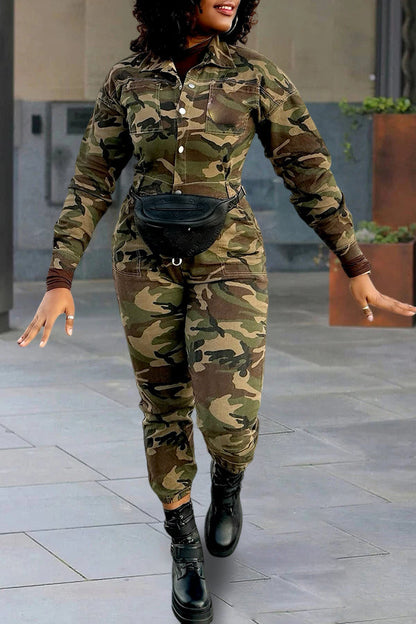 Stylish Collar Long Sleeve Camouflage Jumpsuit