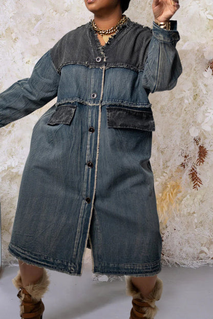 Retro tofarget denimkjole med frynsete kant