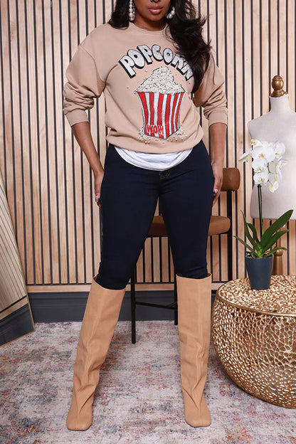 Casual Printed Round Neck Fleece Sweatshirt