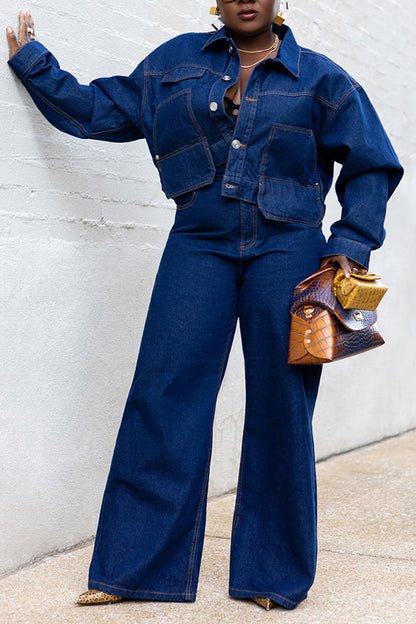 Retro Denim Jacket & Wide Leg Pants Set