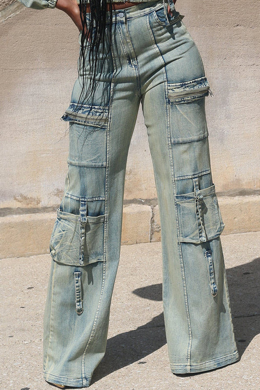 Stylish Washed Multi Pocket Straight Leg Jeans