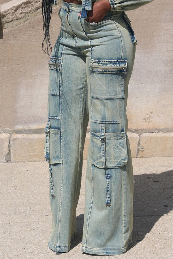 Stylish Washed Multi Pocket Straight Leg Jeans