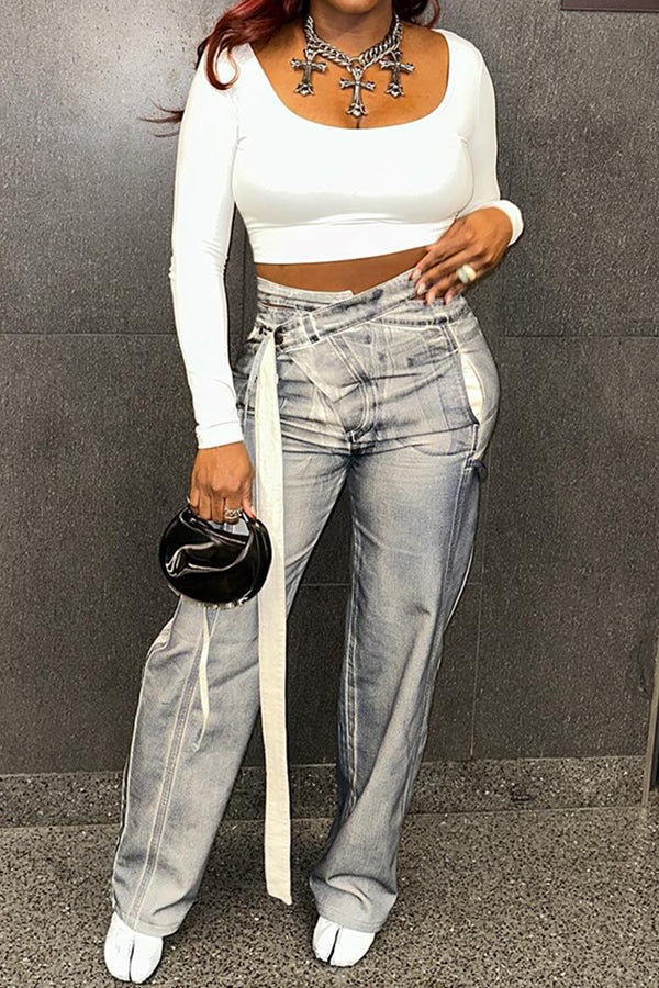 Stylish Cross Waist Ribbon Straight Leg Jeans