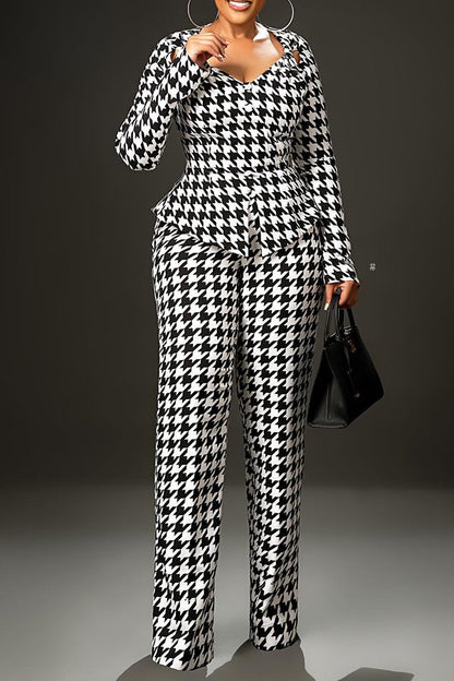 Stylish Open Work Houndstooth Top & Pants Set