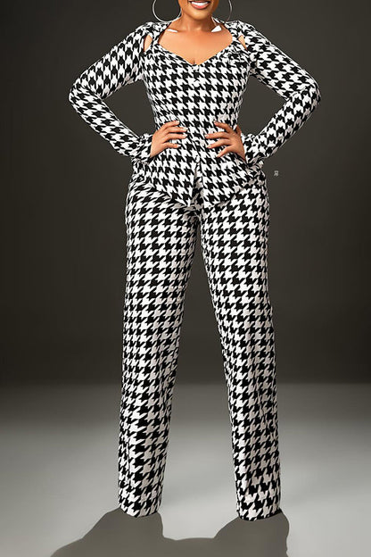 Stylish Open Work Houndstooth Top & Pants Set