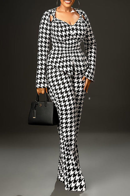 Stylish Open Work Houndstooth Top & Pants Set