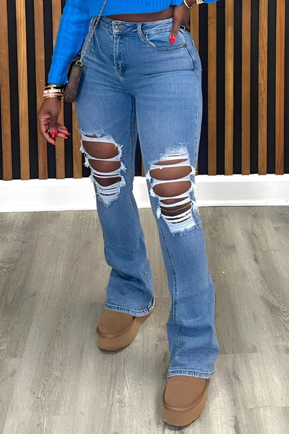 Fashionable Ripped Flared Denim Jeans