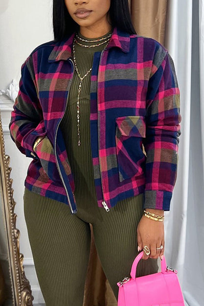 Casual Color-block Plaid Shirt Jacket