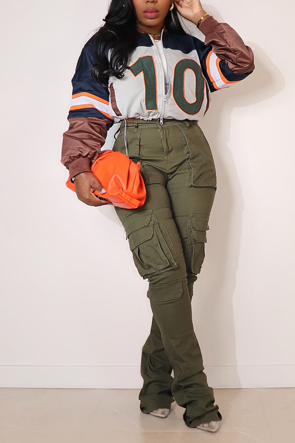 Sporty Color-block Number Print Zipper Baseball Jacket