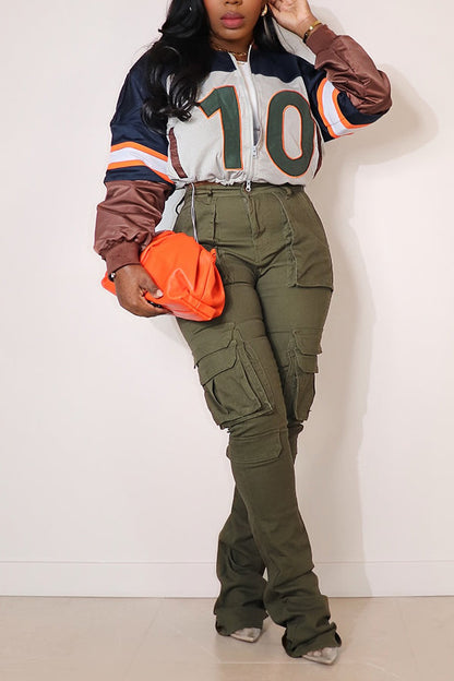 Sporty Color-block Number Print Zipper Baseball Jacket