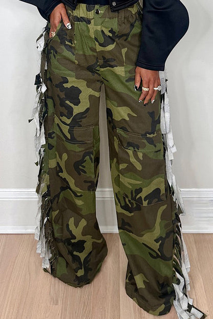 Rebellious High-waist Fringe Side Camouflage Pants