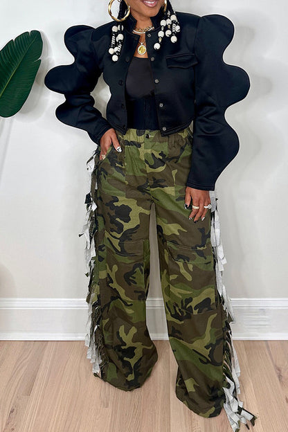 Rebellious High-waist Fringe Side Camouflage Pants