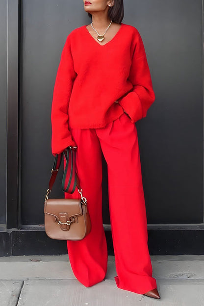 Cozy V-Neck Cashmere Sweater & Straight Trousers Set