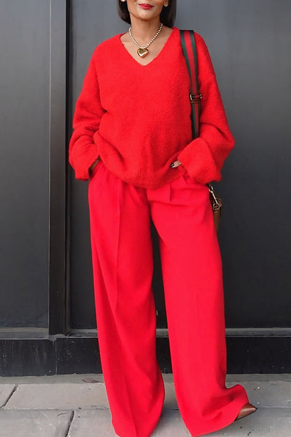 Cozy V-Neck Cashmere Sweater & Straight Trousers Set