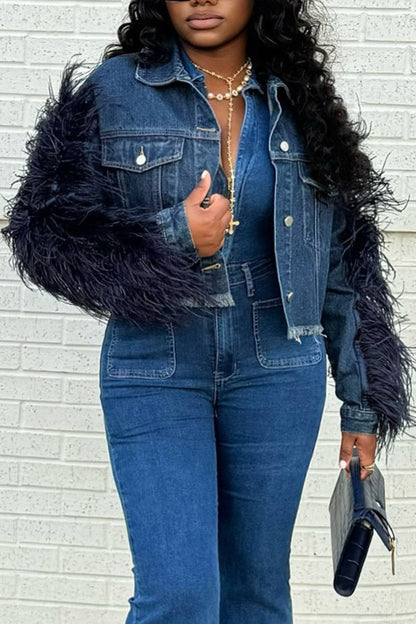 Fashion Feather-Pieced Sleeve Short Denim Jacket