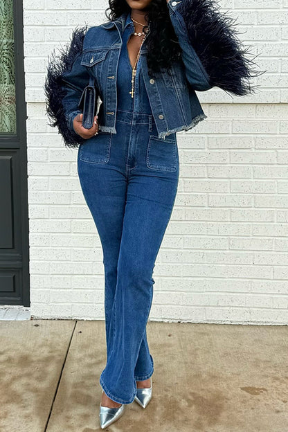 Fashion Feather-Pieced Sleeve Short Denim Jacket