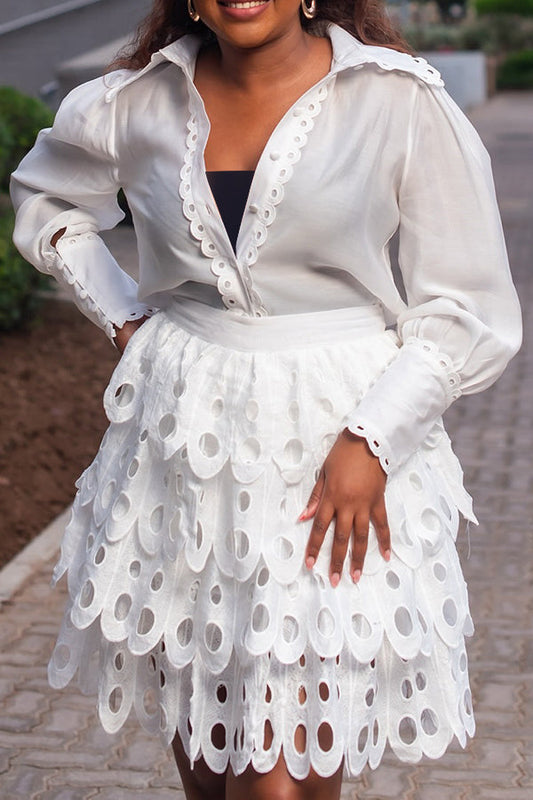 Chic Lace Shirt & Burnt Flower Skirt Set