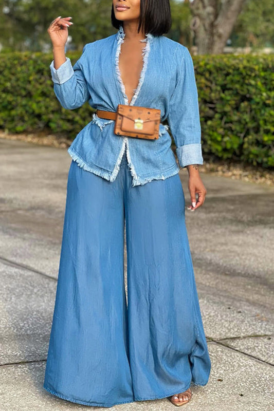 Casual Frayed Denim Top & Wide-leg Jeans Set