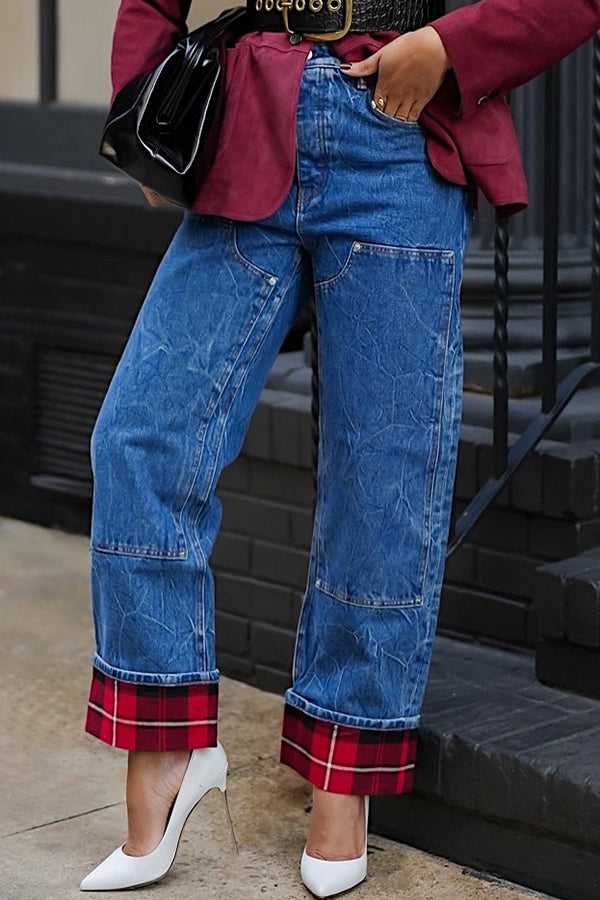 Casual Plaid Roll Up leg Straight Jeans