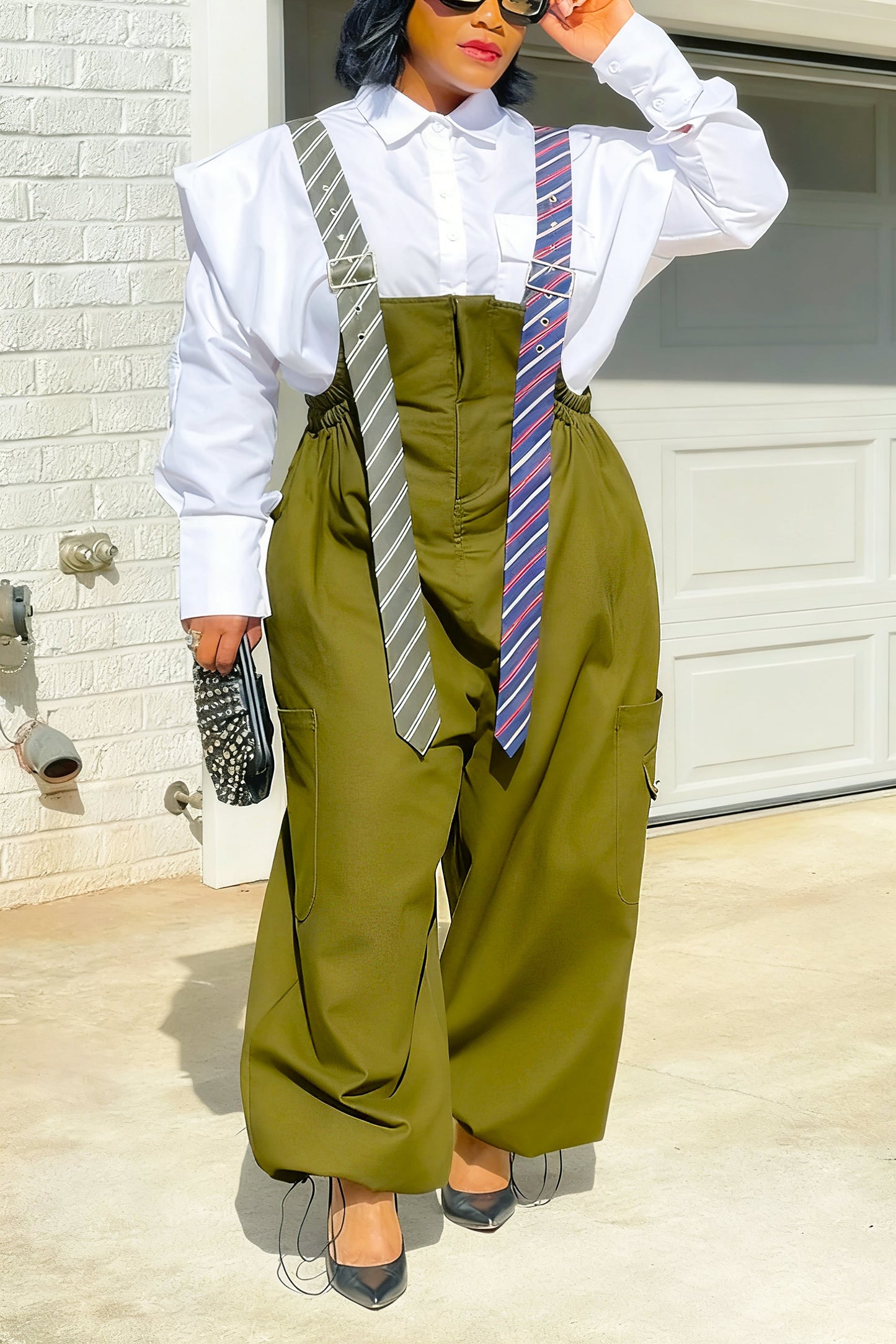 Executive Long Tie Style Denim Jumpsuit & Shirt Set