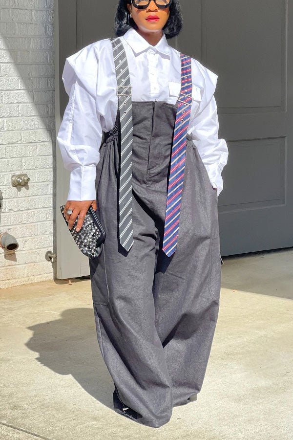 Executive Long Tie Style Denim Jumpsuit & Shirt Set